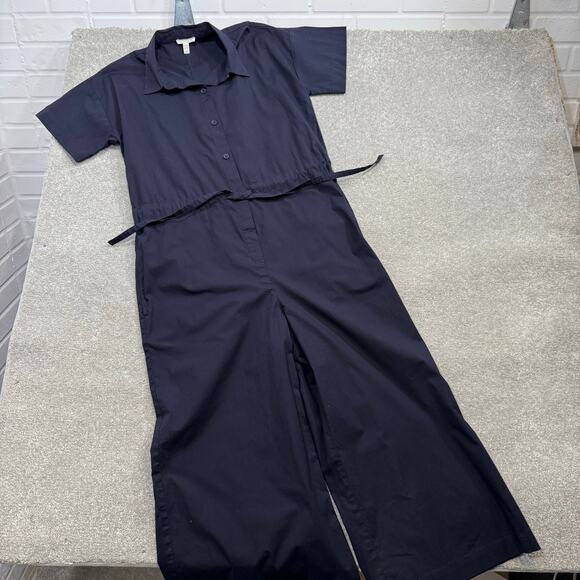 Eileen Fisher Organic Cotton Poplin Wide-Leg Jumpsuit Navy Blue Sz Sml Elevated - Picture 3 of 15